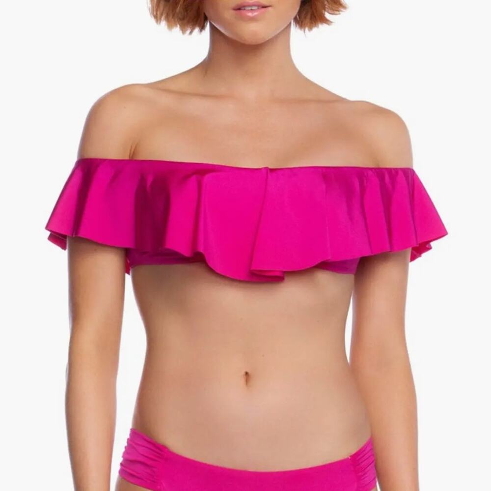 Trina Turk Women Fuchsia Ruffle Off-Shoulder Swim Bandeau Bikini Top Size 8